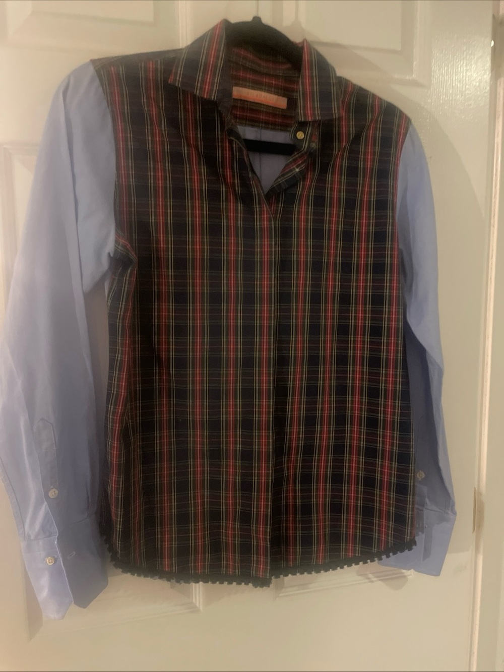Vilagallo Plaid Front Button-Down Shirt with Light Blue Sleeves